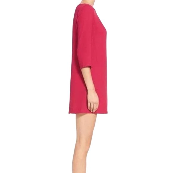 FREE🌟Leith Nordstrom Hot Pink 3/4 Sleeve Boat Neck Keyhole Crepe Shift Dress - Picture 4 of 9